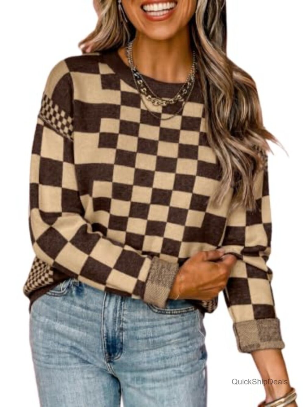 Checkered Pullover Sweater Long Sleeve Crewneck Knit Fall Layer